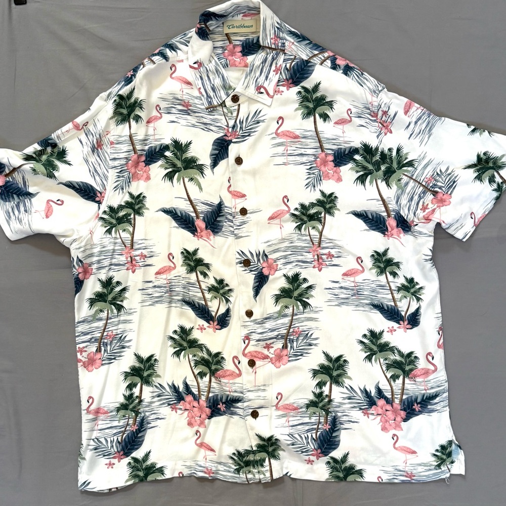 Men’s Caribbean White Flamingo Print Short Sleeve‎ Shirt Size XL